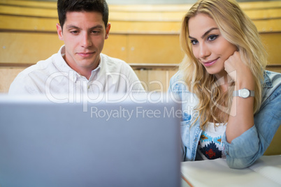 Smiling college students using laptop