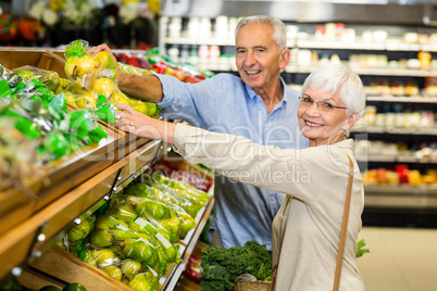 Smiling senior couple at the grocery shop