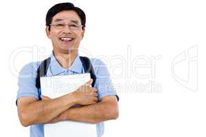 Portrait of cheerful man holding documents