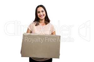 Portrait of cheerful woman with cardboard box