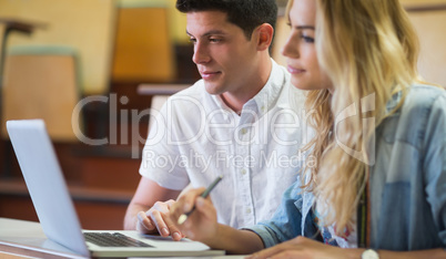 Smiling college students using laptop