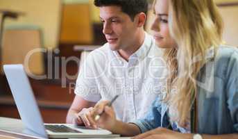 Smiling college students using laptop