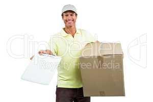 Happy delivery man with cardboard box and clipboard
