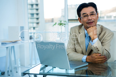 Smiling asian businessman working on laptop