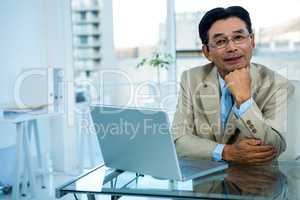 Smiling asian businessman working on laptop