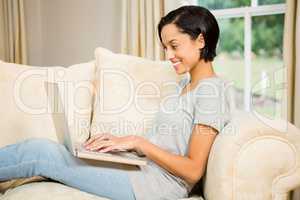 Smiling brunette using laptop