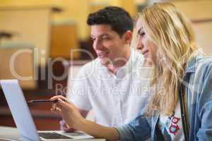 Smiling college students using laptop