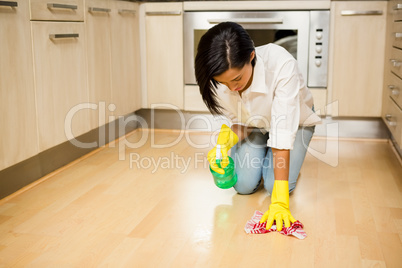 Attractive brunette cleaning the floor