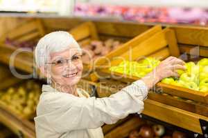 Senior woman picking out a green apple