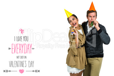 Composite image of cheerful couple celebrating birthday