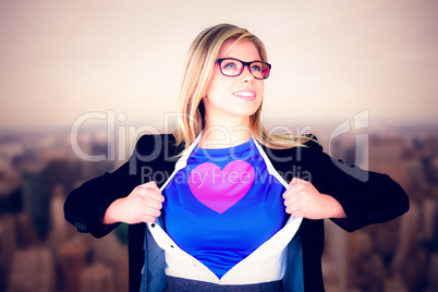 Composite image of businesswoman opening her shirt superhero sty