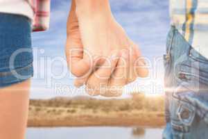 Composite image of couple in check shirts and denim holding hand