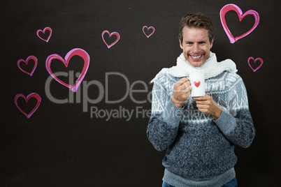 Composite image of portrait of happy man holding mug