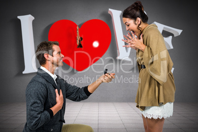 Composite image of happy man offering engagement ring to partner