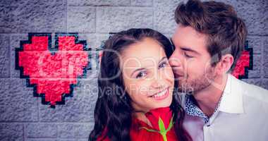 Composite image of smiling couple holding rose