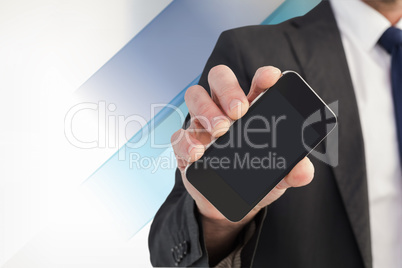 Composite image of businessman showing his smartphone screen