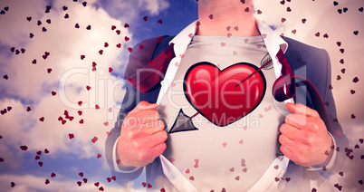 Composite image of businessman opening shirt in superhero style