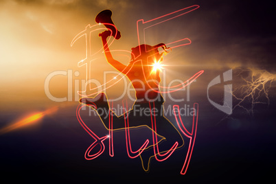 Composite image of silhouette of jumping woman holding megaphone