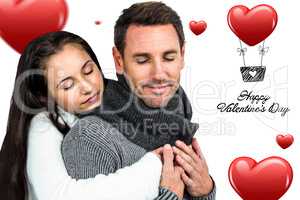 Composite image of smiling couple hugging eyes closed