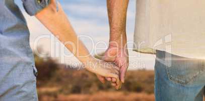 Composite image of couple holding hands in park