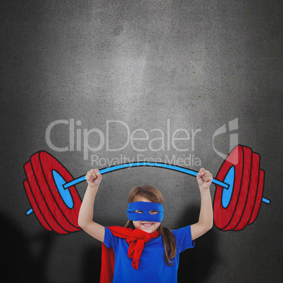 Composite image of little girl holding dumbbell