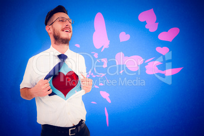 Composite image of geeky hipster opening shirt superhero style