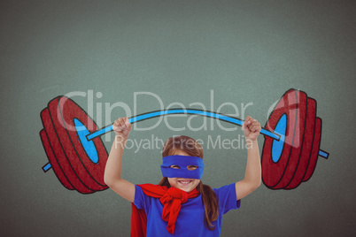 Composite image of little girl holding dumbbell