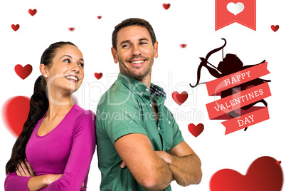 Composite image of smiling couple standing back to back with arm