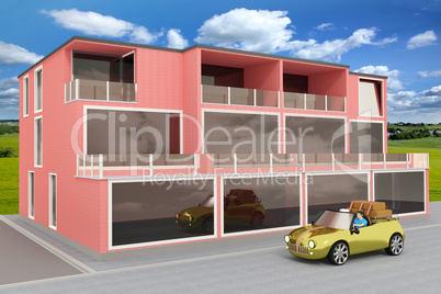 Mixed multifamily office building, 3d illustration