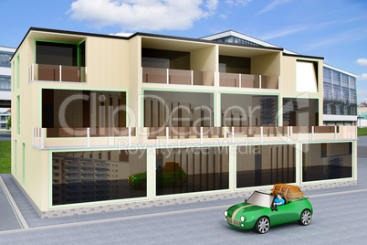 Mixed multifamily office building, 3d illustration