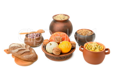 food in a ceramic pot isolated on white background