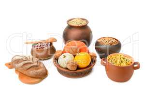 food in a ceramic pot isolated on white background