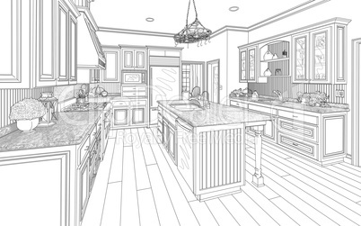 Black Custom Kitchen Design Drawing on White