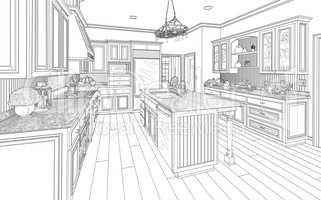 Black Custom Kitchen Design Drawing on White