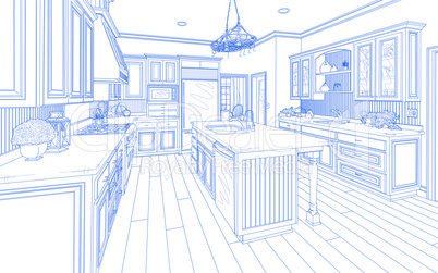 Blue Custom Kitchen Design Drawing on White