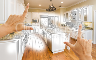 Hands Framing Custom Kitchen Design Drawing and Photo Combinatio