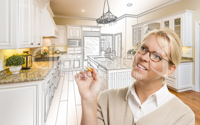 Woman With Pencil Over Custom Kitchen Drawing and Photo Combinat