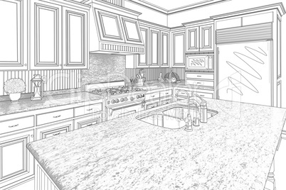 Black Custom Kitchen Design Drawing on White