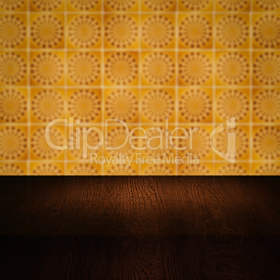 Wood table top and blur vintage ceramic tile pattern wall