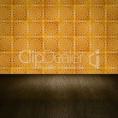 Wood table top and blur vintage ceramic tile pattern wall Wood table top and blur vintage ceramic tile pattern wall