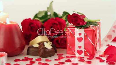 Red roses and chocolate candies for Valentine's Day