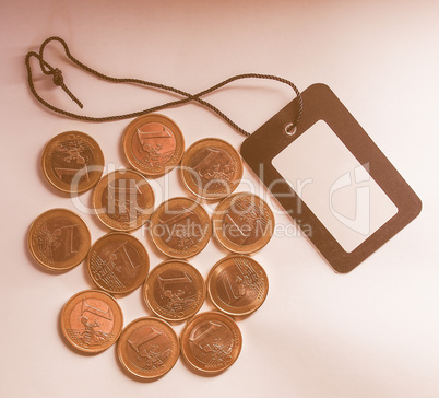 Euro coins with price tag label vintage