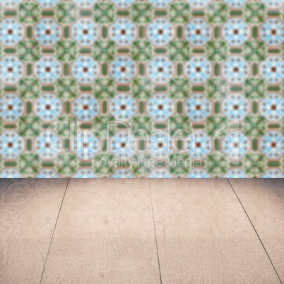 Wood table top and blur vintage ceramic tile pattern wall