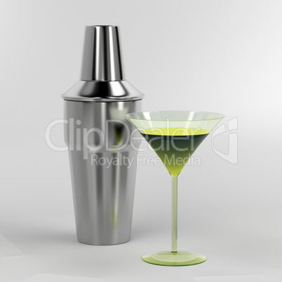 Shaker and cocktail glass