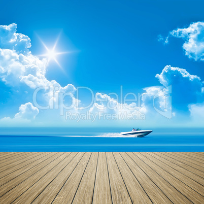 wooden jetty speed boat