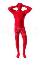 man in a red body suit