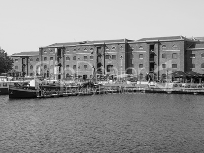 Black and white West India Quay in London