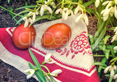 Two Easter eggs and snowdrops.