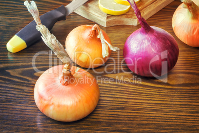 The still life: large onion and lemon on the table.