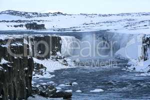 Waterfall Selfoss in Iceland, wintertime